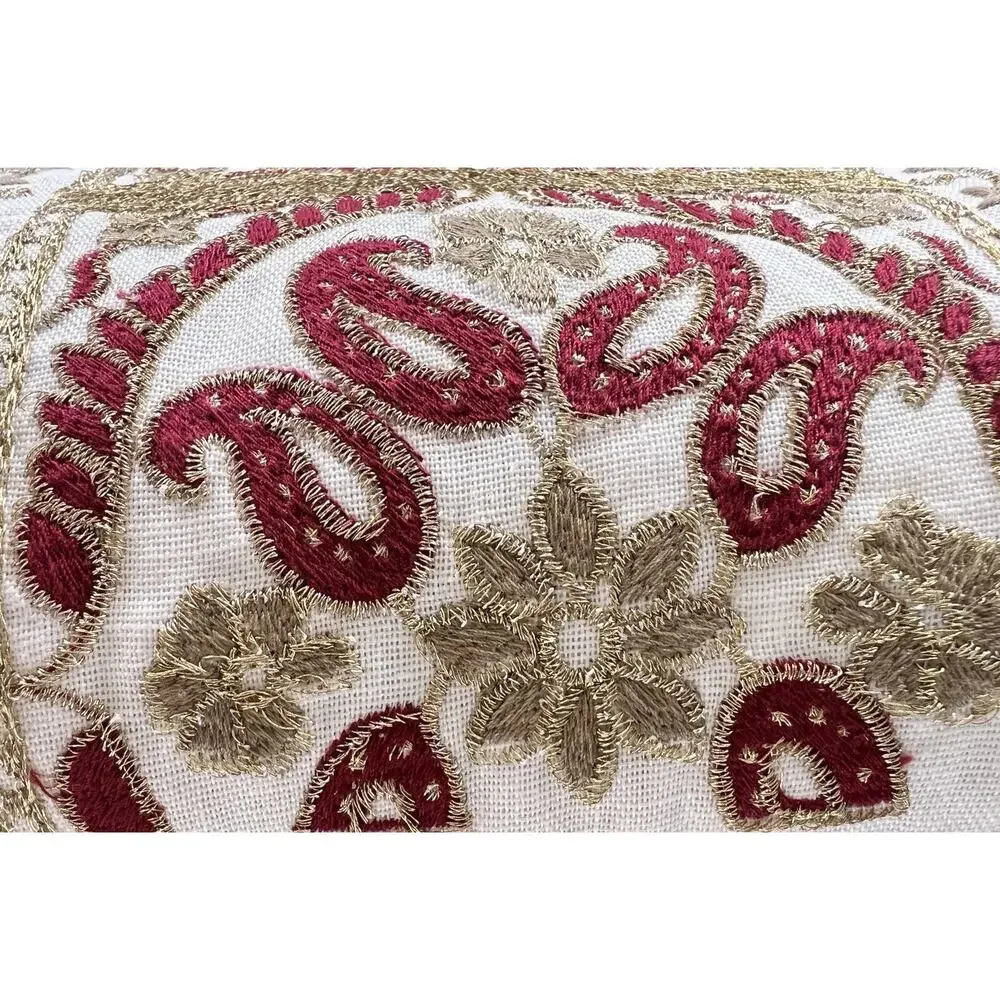 Throw Pillow Rectangular Ivory Red Embroidered Linen Blend by Envogue 13X24